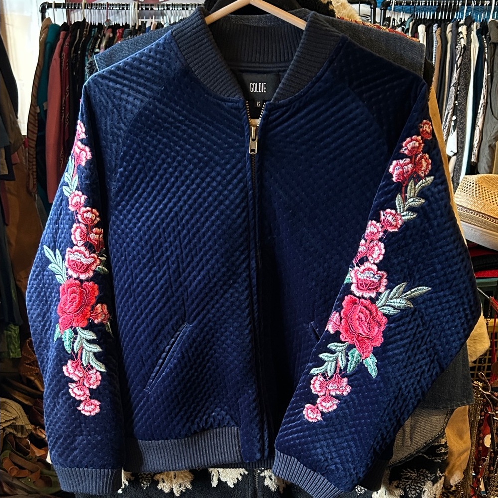 Goldie Dark Blue Bomber Jacket with Pink Floral Design